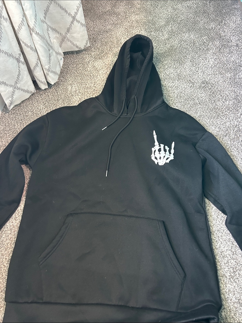 Hooded Sweatshirt with Skeleton Hand Graphic & Funny Saying
